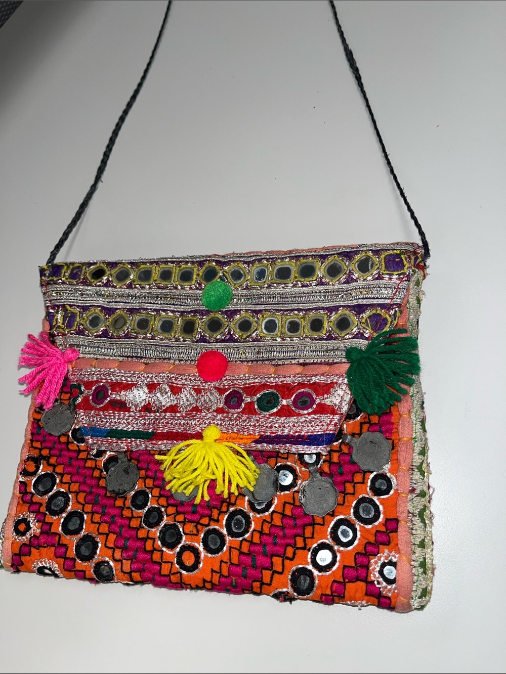 Source Unknown Multicolor Embroidered Crossbody Bag with Pom-Poms